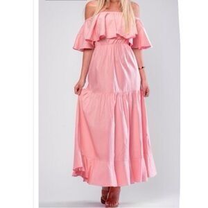 By Egreis Maxi Dress Pink Off Shoulder Tiered Ruffled Size S Soft Girl/Coquette